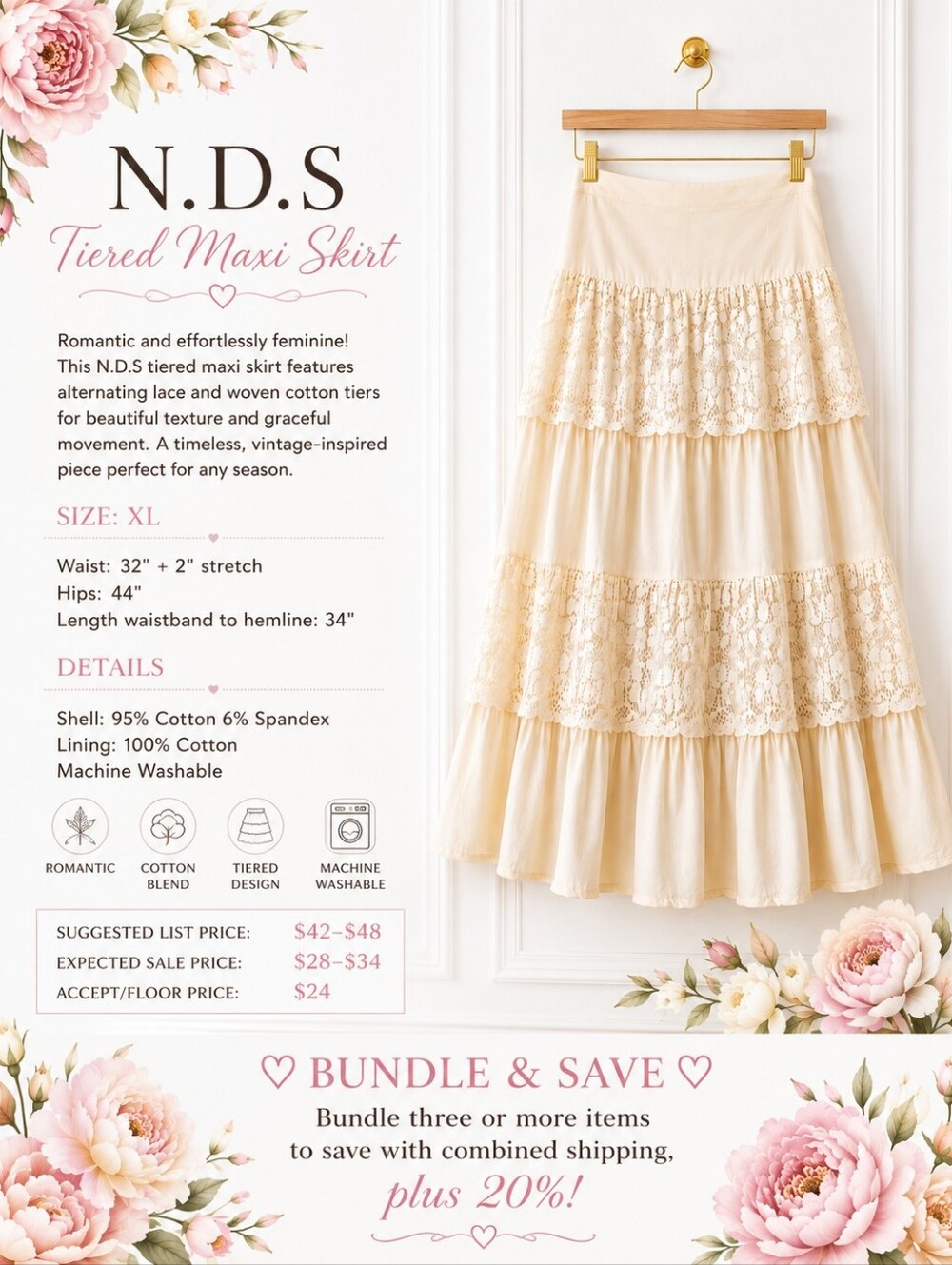 N.D.S Ivory Tiered Lace Maxi Skirt | Size XL Cotton | Romantic Boho Cottagecore - Picture 8 of 11